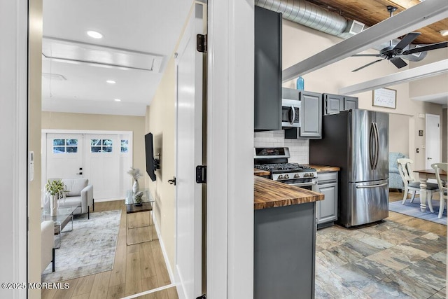 208 Chatham Ln, Point Pleasant, NJ 08742 - kitchen with gray cabinetry, butcher block countertops, stainless steel appliances, ceiling fan, and recessed lighting