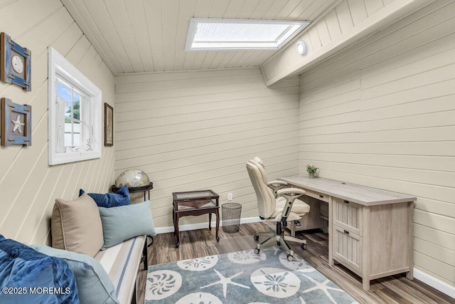 208 Chatham Ln, Point Pleasant, NJ 08742 - home office featuring a skylight, wood finished floors, wooden walls, and wood ceiling