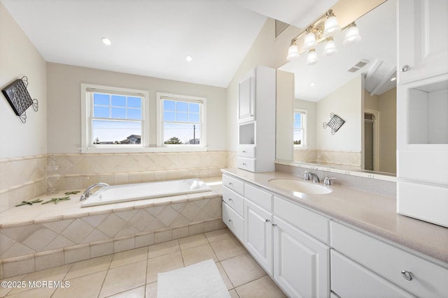 41A Long Beach Blvd, Long Beach Twp, NJ 08008 - bathroom with vanity, a garden tub, tile patterned floors, and lofted ceiling