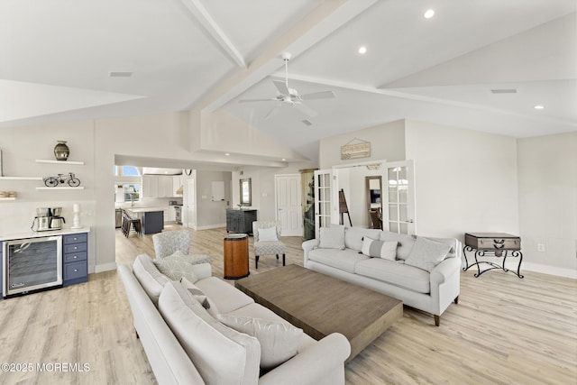41A Long Beach Blvd, Long Beach Twp, NJ 08008 - living room with beverage cooler, light wood finished floors, beamed ceiling, ceiling fan, and high vaulted ceiling