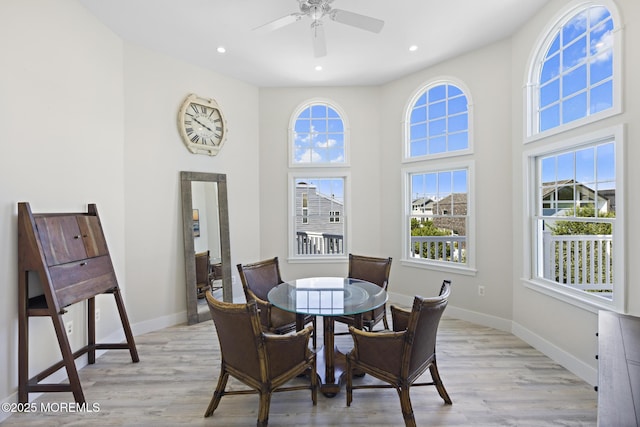 41A Long Beach Blvd, Long Beach Twp, NJ 08008 - dining space featuring light wood-style flooring, a towering ceiling, ceiling fan, and recessed lighting