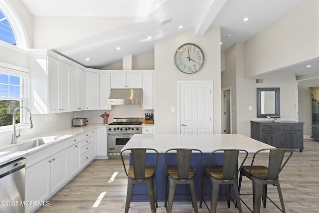 41A Long Beach Blvd, Long Beach Twp, NJ 08008 - kitchen featuring stainless steel appliances, under cabinet range hood, high vaulted ceiling, white cabinets, and light wood-type flooring