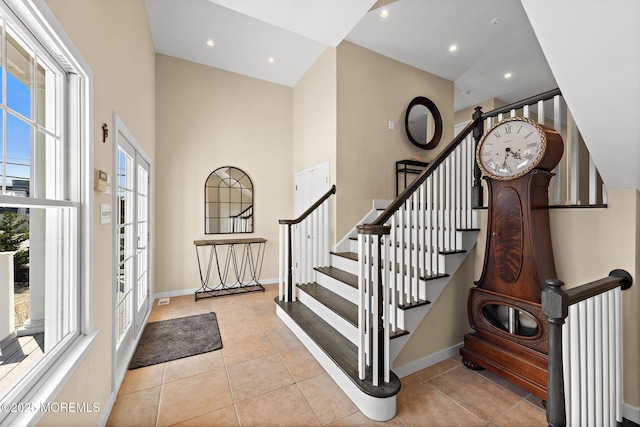 41A Long Beach Blvd, Long Beach Twp, NJ 08008 - entrance foyer with a towering ceiling, tile patterned flooring, stairs, and recessed lighting