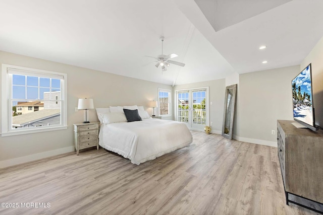 41A Long Beach Blvd, Long Beach Twp, NJ 08008 - bedroom featuring light wood finished floors, access to outside, vaulted ceiling, a ceiling fan, and recessed lighting