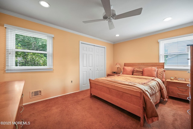 6 Pamela St, Marlboro, NJ 07746 - bedroom featuring multiple windows, ornamental molding, carpet floors, recessed lighting, and a closet