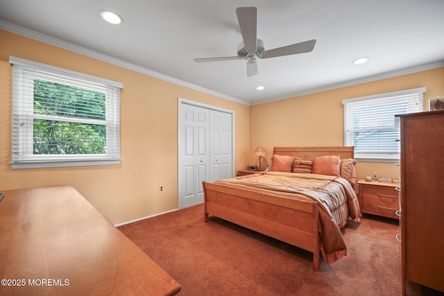 6 Pamela St, Marlboro, NJ 07746 - carpeted bedroom featuring ornamental molding, multiple windows, recessed lighting, a closet, and ceiling fan