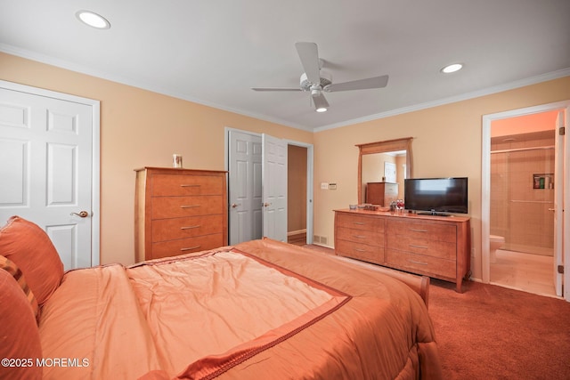 6 Pamela St, Marlboro, NJ 07746 - bedroom with recessed lighting, ornamental molding, connected bathroom, light colored carpet, and ceiling fan