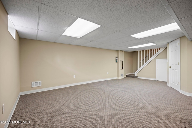 6 Pamela St, Marlboro, NJ 07746 - finished basement with carpet floors, a drop ceiling, and stairway