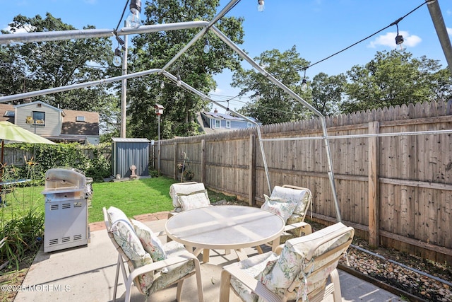 505 Moore Rd, Neptune Township, NJ 07753 - fenced backyard with a storage shed, outdoor dining space, a patio area, and area for grilling