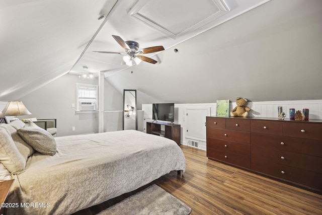 505 Moore Rd, Neptune Township, NJ 07753 - bedroom with dark wood finished floors, attic access, cooling unit, lofted ceiling, and ceiling fan