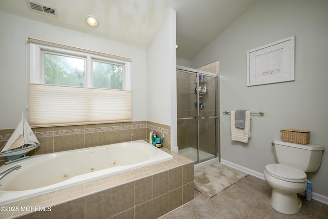 235 Leesville Rd, Jackson, NJ 08527 - bathroom featuring a whirlpool tub, a shower stall, vaulted ceiling, and tile patterned flooring