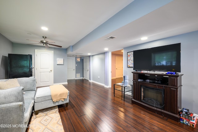 235 Leesville Rd, Jackson, NJ 08527 - living area with hardwood / wood-style floors, ceiling fan, recessed lighting, and a glass covered fireplace
