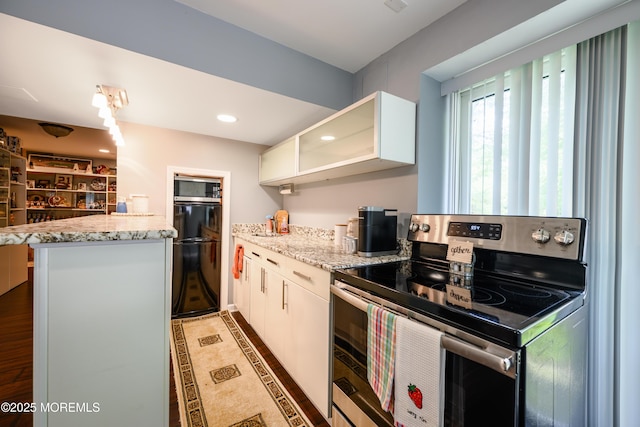 235 Leesville Rd, Jackson, NJ 08527 - kitchen with stainless steel range with electric cooktop, refrigerator, white cabinets, light stone counters, and recessed lighting