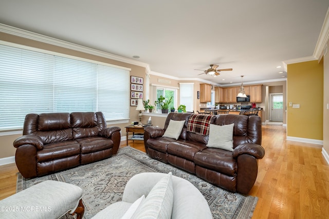 235 Leesville Rd, Jackson, NJ 08527 - living area featuring a ceiling fan, light wood-type flooring, crown molding, and recessed lighting