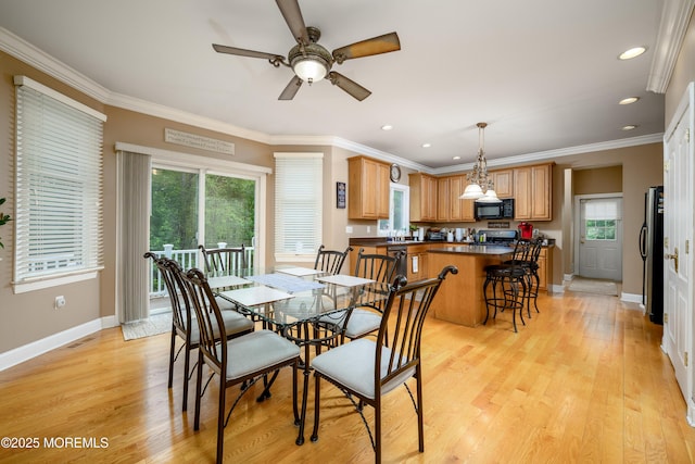 235 Leesville Rd, Jackson, NJ 08527 - dining space with a ceiling fan, light wood finished floors, recessed lighting, and ornamental molding