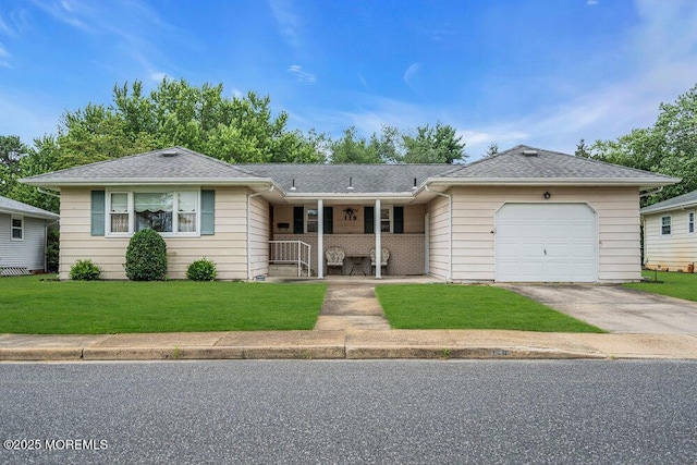 119 Barbados Dr S, Toms River, NJ 08757 - ranch-style home featuring a porch, an attached garage, driveway, a front yard, and a shingled roof