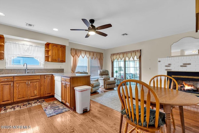 119 Barbados Dr S, Toms River, NJ 08757 - kitchen featuring open shelves, open floor plan, white dishwasher, ceiling fan, and light wood-type flooring
