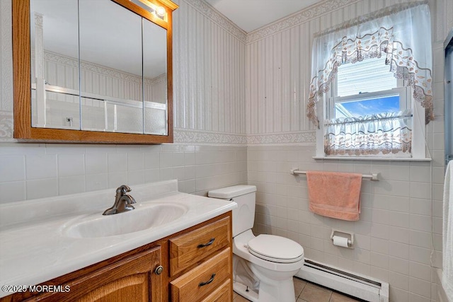 119 Barbados Dr S, Toms River, NJ 08757 - full bathroom with a baseboard radiator, wallpapered walls, vanity, tile walls, and tile patterned flooring