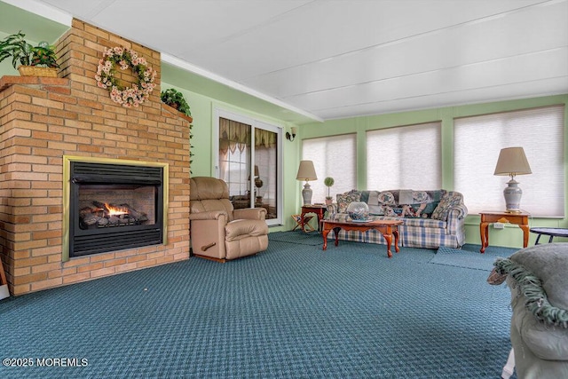 119 Barbados Dr S, Toms River, NJ 08757 - carpeted living room with a brick fireplace and ornamental molding