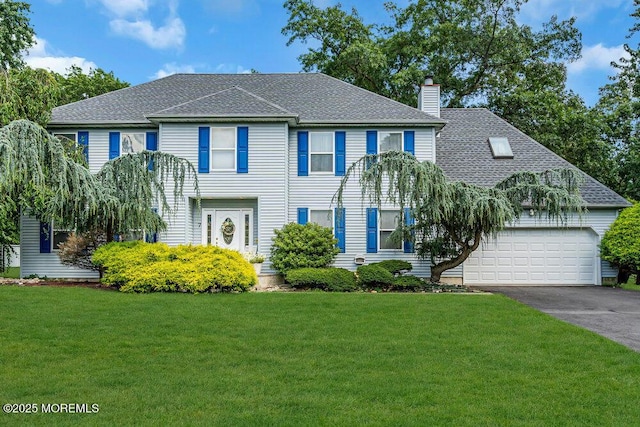 7 Crest Rd, Jackson, NJ 08527 - view of front facade with a chimney, driveway, a front yard, and an attached garage
