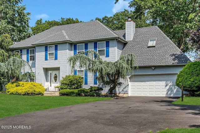 7 Crest Rd, Jackson, NJ 08527 - colonial-style house with a chimney, asphalt driveway, a garage, a shingled roof, and a front yard