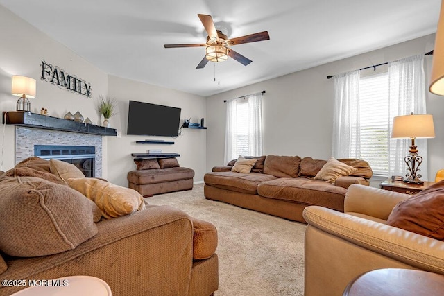 7 Crest Rd, Jackson, NJ 08527 - carpeted living room with a ceiling fan and a glass covered fireplace