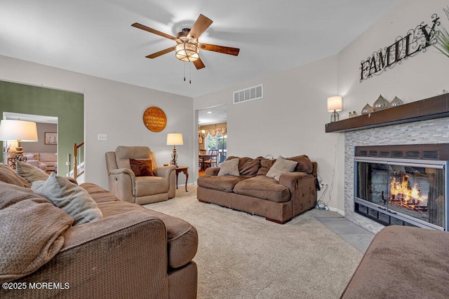7 Crest Rd, Jackson, NJ 08527 - living room featuring ceiling fan, a fireplace with flush hearth, and carpet floors