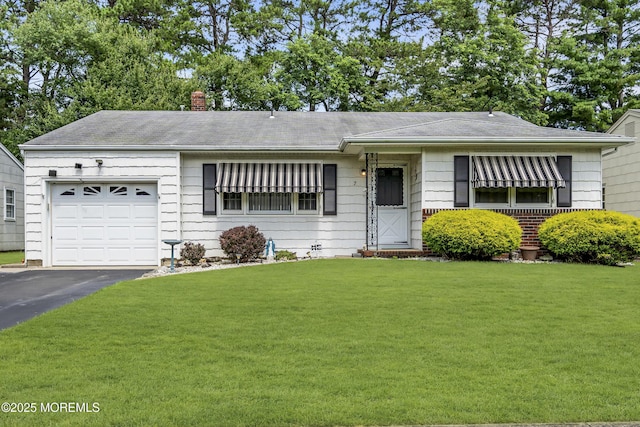 7 Beaverbrook Dr, Toms River, NJ 08757 - ranch-style home with an attached garage, a front yard, asphalt driveway, a chimney, and a shingled roof