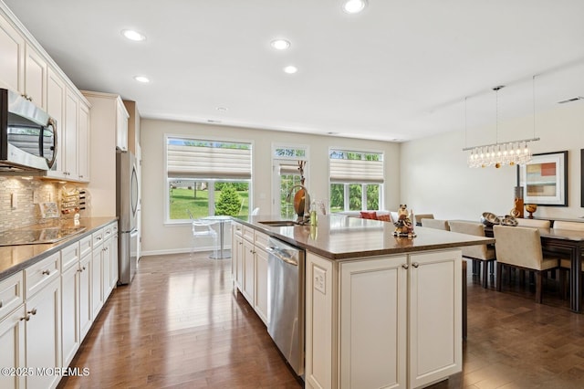 6 Day Star Rd, Manalapan, NJ 07726 - kitchen with stainless steel appliances, dark wood finished floors, decorative backsplash, a kitchen island with sink, and recessed lighting