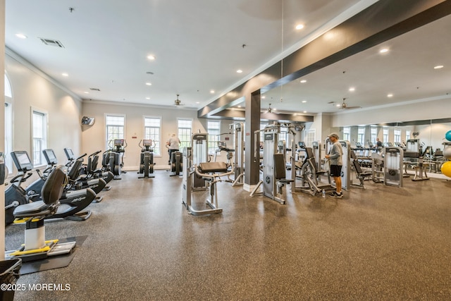6 Day Star Rd, Manalapan, NJ 07726 - workout area featuring ornamental molding, recessed lighting, and a ceiling fan