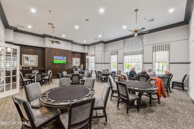 6 Day Star Rd, Manalapan, NJ 07726 - carpeted dining room featuring a ceiling fan, ornamental molding, a towering ceiling, and recessed lighting