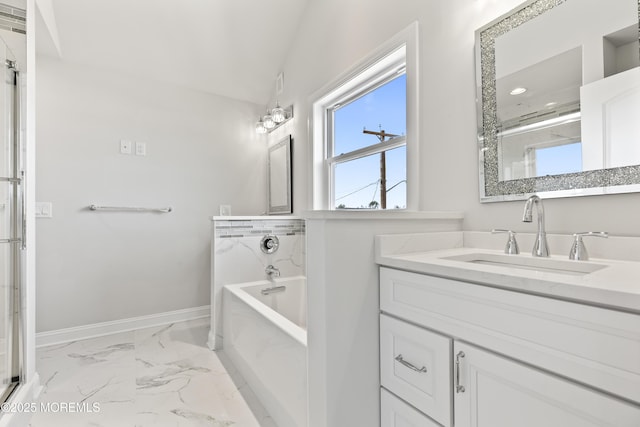 204 Morningside Ave, Union Beach, NJ 07735 - bathroom with marble finish floors, a garden tub, and vanity