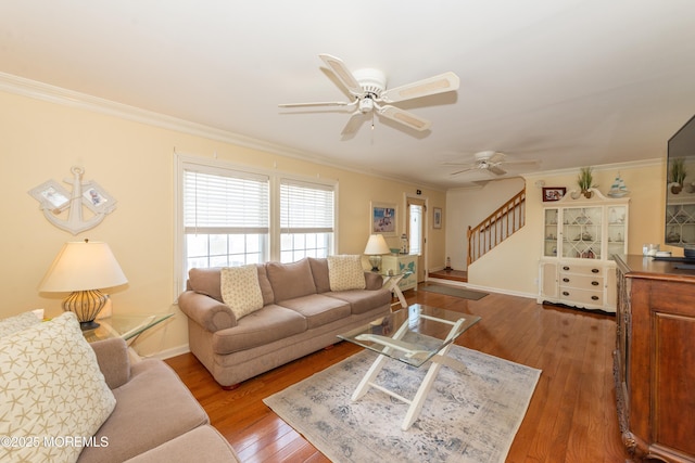 45 Fielder Ave, Seaside Heights, NJ 08751 - living area featuring ceiling fan, ornamental molding, stairway, and hardwood / wood-style floors