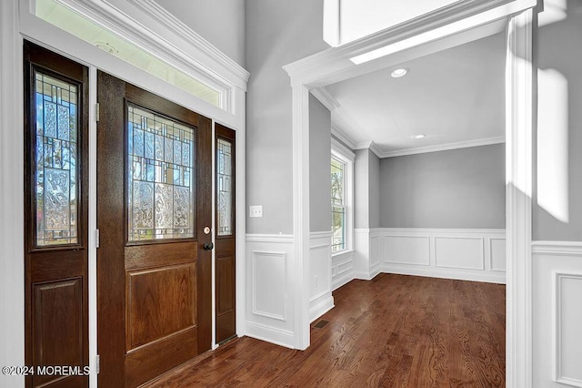 451 Woodbury Dr, Jackson, NJ 08527 - entrance foyer featuring dark wood finished floors, crown molding, a wainscoted wall, and recessed lighting