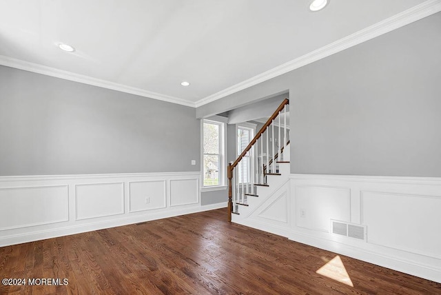 451 Woodbury Dr, Jackson, NJ 08527 - empty room featuring ornamental molding, a decorative wall, recessed lighting, stairs, and wood finished floors