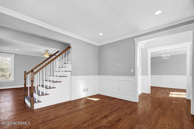 451 Woodbury Dr, Jackson, NJ 08527 - unfurnished room featuring stairway, wood finished floors, crown molding, a chandelier, and a ceiling fan