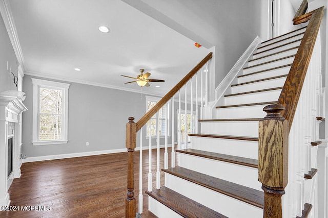 451 Woodbury Dr, Jackson, NJ 08527 - staircase featuring ceiling fan, ornamental molding, wood finished floors, recessed lighting, and a fireplace