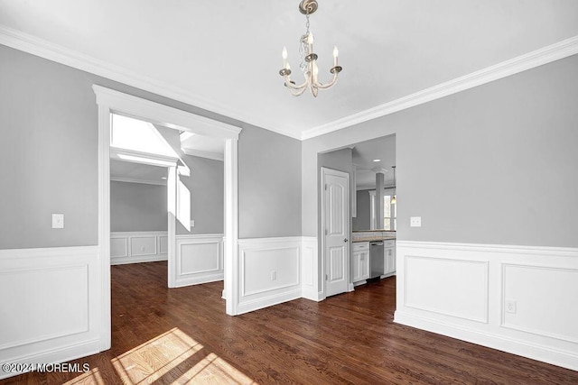 451 Woodbury Dr, Jackson, NJ 08527 - unfurnished dining area featuring a chandelier, wainscoting, ornamental molding, dark wood-style flooring, and a decorative wall
