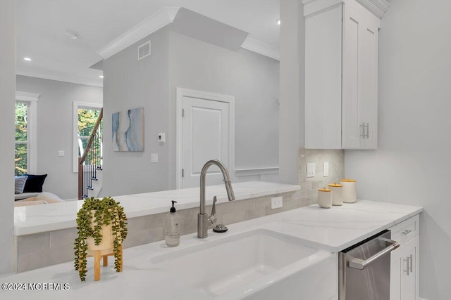 451 Woodbury Dr, Jackson, NJ 08527 - kitchen featuring stainless steel dishwasher, tasteful backsplash, light stone counters, white cabinets, and crown molding