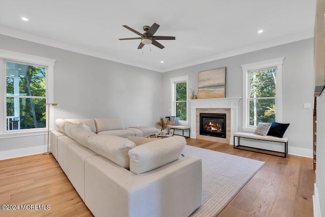 451 Woodbury Dr, Jackson, NJ 08527 - living room with a ceiling fan, plenty of natural light, crown molding, a tile fireplace, and recessed lighting