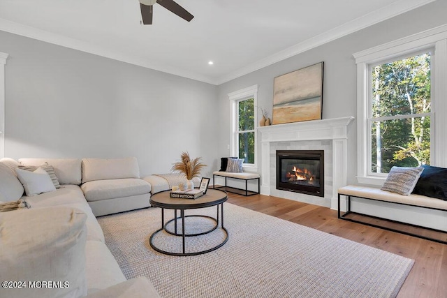 451 Woodbury Dr, Jackson, NJ 08527 - living room with healthy amount of natural light, a ceiling fan, ornamental molding, wood finished floors, and recessed lighting