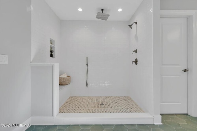 451 Woodbury Dr, Jackson, NJ 08527 - bathroom featuring tiled shower, tile patterned floors, and recessed lighting