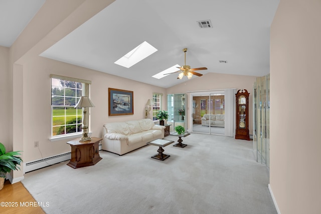 59 Mansfield Dr, Brick, NJ 08724 - living room featuring a baseboard radiator, a skylight, vaulted ceiling, and ceiling fan