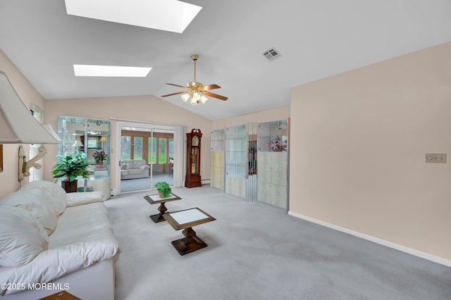 59 Mansfield Dr, Brick, NJ 08724 - carpeted living area with a skylight, lofted ceiling, and ceiling fan