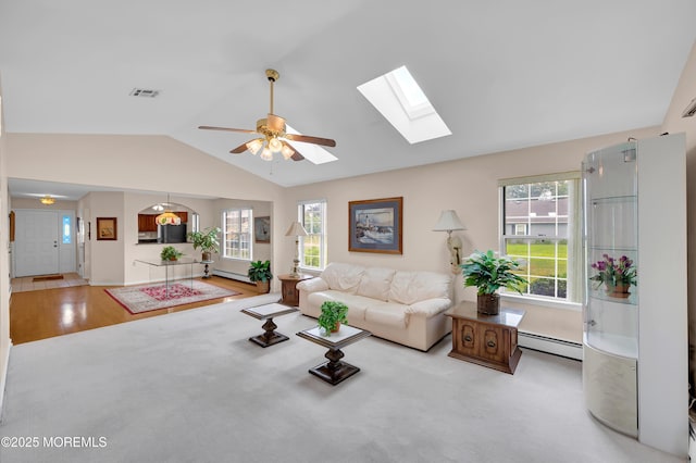 59 Mansfield Dr, Brick, NJ 08724 - living area with plenty of natural light, vaulted ceiling, a baseboard radiator, a ceiling fan, and a skylight