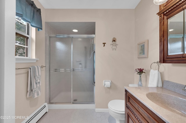 59 Mansfield Dr, Brick, NJ 08724 - bathroom with baseboard heating, a shower stall, vanity, and tile patterned flooring