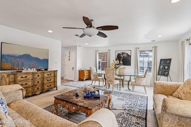 414 Bay Blvd Unit B, Seaside Heights, NJ 08751 - living area featuring light colored carpet, ceiling fan, and recessed lighting