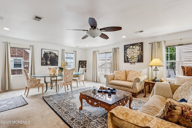 414 Bay Blvd Unit B, Seaside Heights, NJ 08751 - living room featuring a ceiling fan, light carpet, and recessed lighting