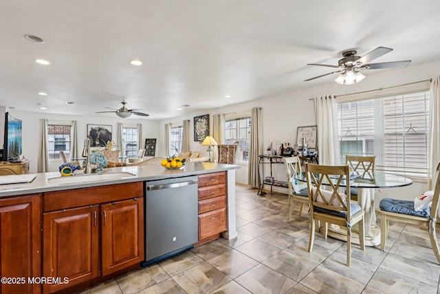 414 Bay Blvd Unit B, Seaside Heights, NJ 08751 - kitchen featuring dishwasher, a ceiling fan, recessed lighting, light tile patterned floors, and brown cabinets