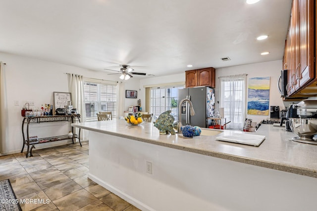 414 Bay Blvd Unit B, Seaside Heights, NJ 08751 - kitchen featuring stainless steel appliances, a peninsula, ceiling fan, recessed lighting, and brown cabinets
